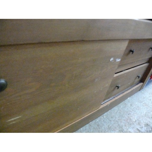 336 - VINTAGE LOW WOODEN CUPBOARD WITH DRAWERS AND SLIDING DOOR.