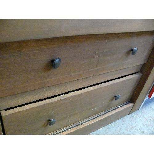 336 - VINTAGE LOW WOODEN CUPBOARD WITH DRAWERS AND SLIDING DOOR.