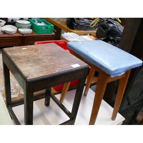 341 - TWO VINTAGE WOODEN STOOLS, ONE WITH PADDED SEAT.