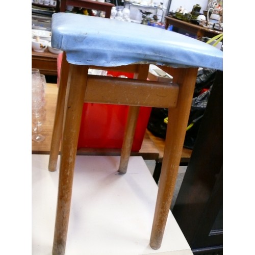 341 - TWO VINTAGE WOODEN STOOLS, ONE WITH PADDED SEAT.