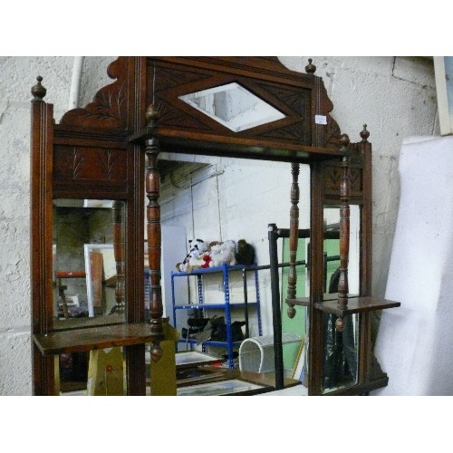 369 - ORNATE EDWARDIAN OAK FRAMED MIRROR WITH SHELVES