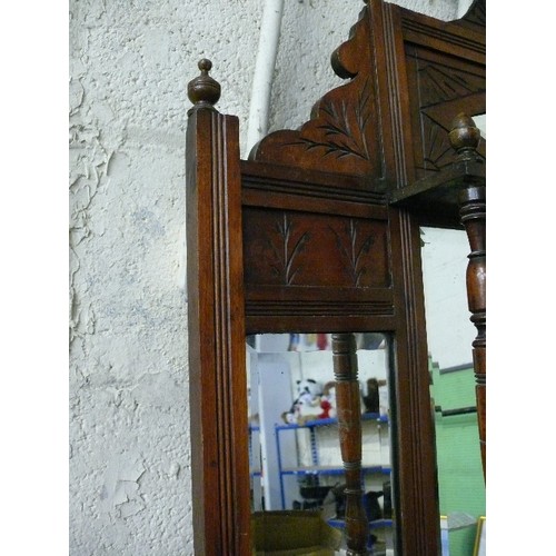 369 - ORNATE EDWARDIAN OAK FRAMED MIRROR WITH SHELVES