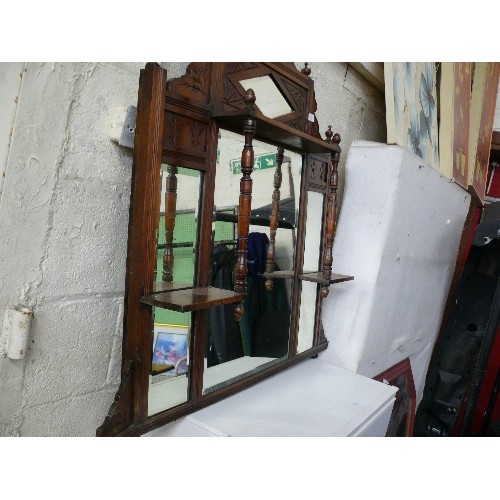 369 - ORNATE EDWARDIAN OAK FRAMED MIRROR WITH SHELVES