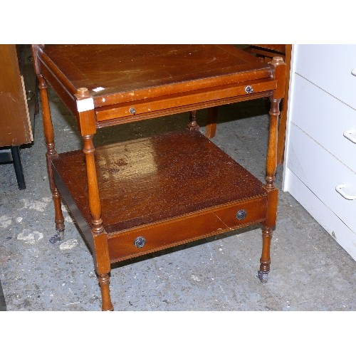 413 - SIDE TABLE WITH PULL OUT SHELF, DRAWER, ON CASTORS.