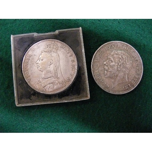 36 - AN 1890 SILVER CROWN, VICTORIA JUBILEE HEAD AND A 1935 GEORGE V CROWN.