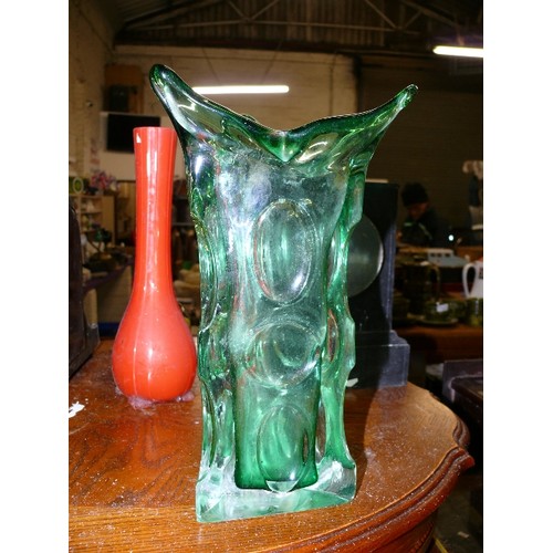 210 - RETRO HEAVY GREEN GLASS DESIGNER VASE