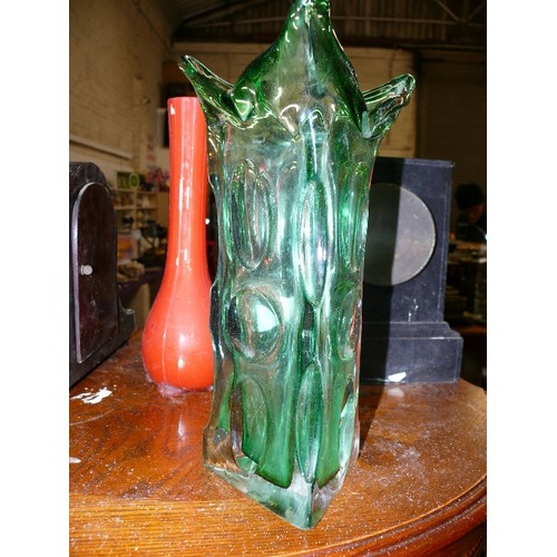 210 - RETRO HEAVY GREEN GLASS DESIGNER VASE