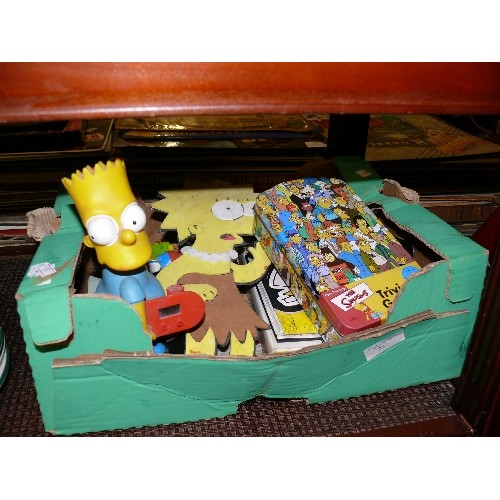 221 - BOX OF THE SIMPSONS COLLECTABLES - TRIVIA GAMES, BOOKS, TOYS ETC.