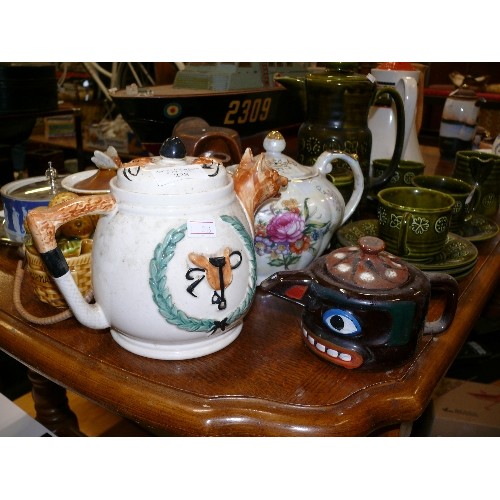 228 - MIXED CHINA - PORTLANDD POTTERY FOX HUNT TEA POT, 1970'S TOTEM POLE TEAPOT, STUDIO POTTERY ETC.