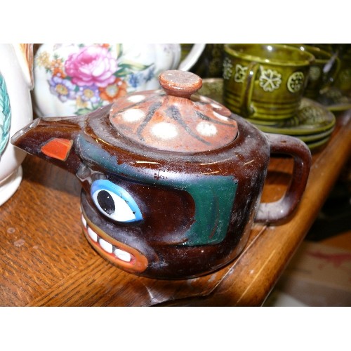 228 - MIXED CHINA - PORTLANDD POTTERY FOX HUNT TEA POT, 1970'S TOTEM POLE TEAPOT, STUDIO POTTERY ETC.