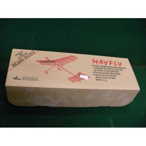 232 - MAYFLY - READY TO FLY RUBBER POWERED INDOOR MODEL AEROPLANE, NEW AND BOXED.