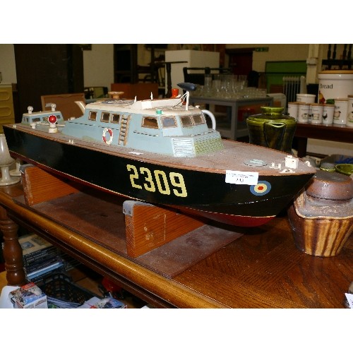 243 - LARGE VINTAGE MODEL BOAT ON STAND, NAVAL FRIGATE.