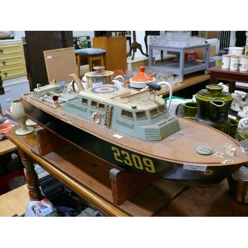 243 - LARGE VINTAGE MODEL BOAT ON STAND, NAVAL FRIGATE.