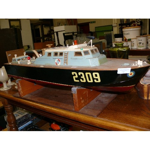 243 - LARGE VINTAGE MODEL BOAT ON STAND, NAVAL FRIGATE.