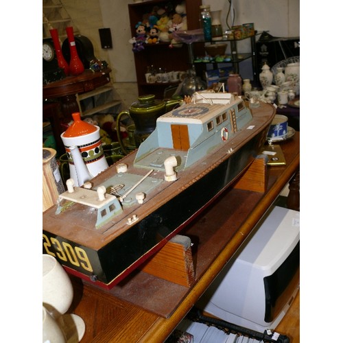 243 - LARGE VINTAGE MODEL BOAT ON STAND, NAVAL FRIGATE.