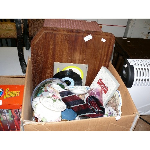 398 - BOX OF MIXED ITEMS - CHINA, WOODEN CHOPPING BOARD ETC.