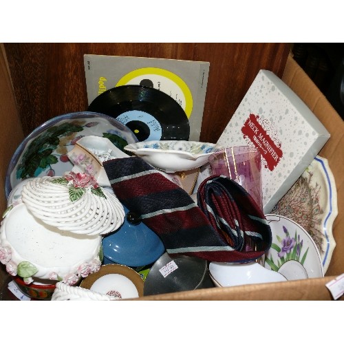 398 - BOX OF MIXED ITEMS - CHINA, WOODEN CHOPPING BOARD ETC.