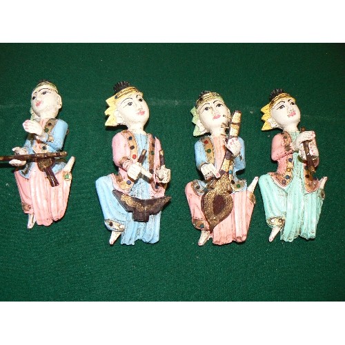 258 - SET OF FOUR VINTAGE MUSICIAN FIGURES - SOUTH EAST ASIAN, HAND PAINTED & CARVED - PROBABLY BURMESE OR... 