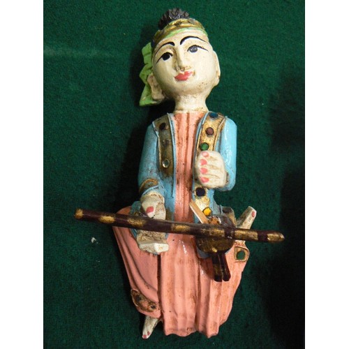 258 - SET OF FOUR VINTAGE MUSICIAN FIGURES - SOUTH EAST ASIAN, HAND PAINTED & CARVED - PROBABLY BURMESE OR... 