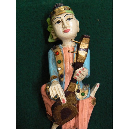 258 - SET OF FOUR VINTAGE MUSICIAN FIGURES - SOUTH EAST ASIAN, HAND PAINTED & CARVED - PROBABLY BURMESE OR... 