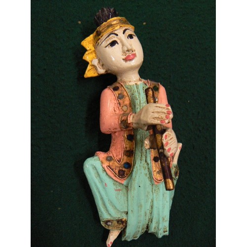 258 - SET OF FOUR VINTAGE MUSICIAN FIGURES - SOUTH EAST ASIAN, HAND PAINTED & CARVED - PROBABLY BURMESE OR... 