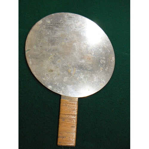 259 - ANTIQUE JAPANESE BRONZE & SILVER METAL HAND MIRROR (KAGAMI) WITH CAST RELIEF DESIGN OF TREE, CRANES ... 