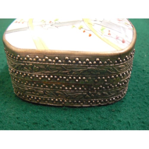 260 - THREE 20TH CENTURY ORIENTAL SILVER METAL TRINKET BOXES, THE TOPS WITH PORCELAIN INSERTS.