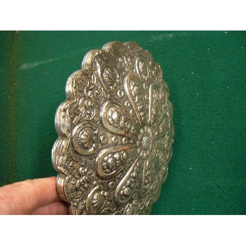 264 - VINTAGE TURKISH SILVER WEDDING MIRROR WITH REPOUSSE DECORATION OF FLOWERS AND SHELLS - DIA 18CM.