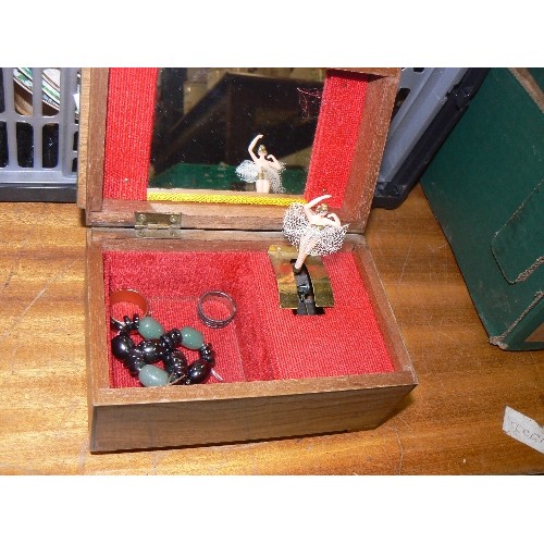 287 - MUSICAL JEWELLERY BOX WITH DANCING BALLERINA AND THREE PIECES OF COSTUME JEWELLERY.