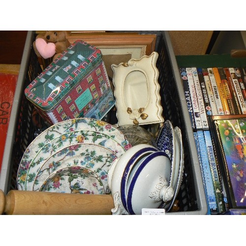 288 - BOX OF MIXED ITEMS, CHINA, FRAMES, TINS ETC.