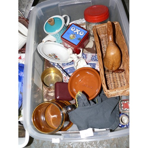 428 - MIXED BOX INCLUDING  DOMINOES, NELSON POTTERY TANKARD, CHINA, CRIBBAGE BOARD ETC.