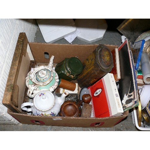 430 - MIXED BOX, TREEN, TEA POTS, TINS, PLACEMAT SET.