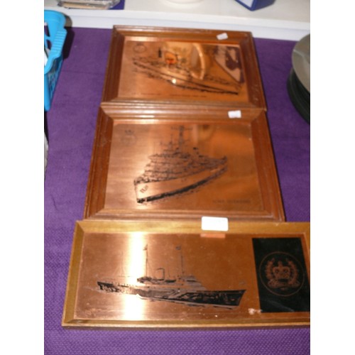 95 - THREE FRAMED COPPER PICTURES OF SHIPS HMS BRITANNIA, HMS INTREPID AND HMS SOUTHAMPTON.