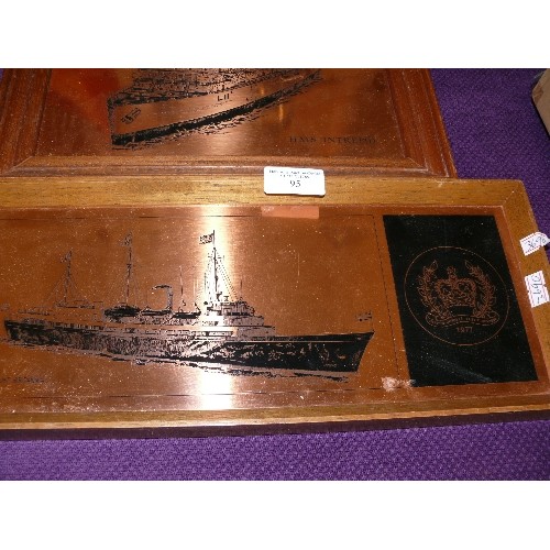 95 - THREE FRAMED COPPER PICTURES OF SHIPS HMS BRITANNIA, HMS INTREPID AND HMS SOUTHAMPTON.