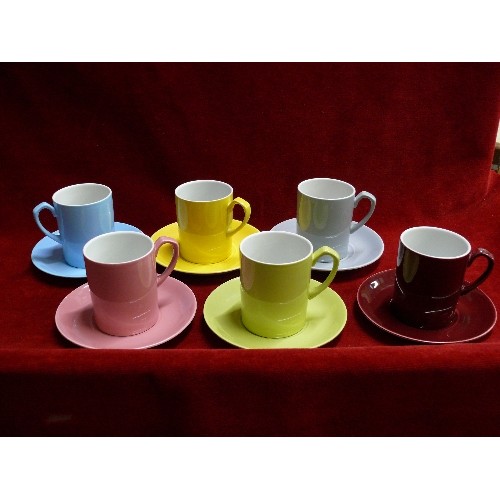 97 - SET OF SIX MATCHING COLOURFUL CUPS AND SAUCERS.