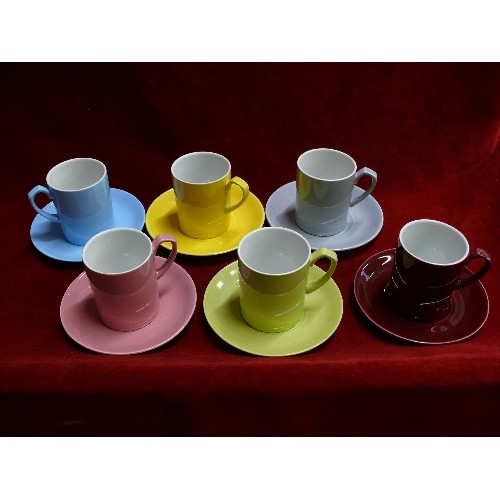 97 - SET OF SIX MATCHING COLOURFUL CUPS AND SAUCERS.