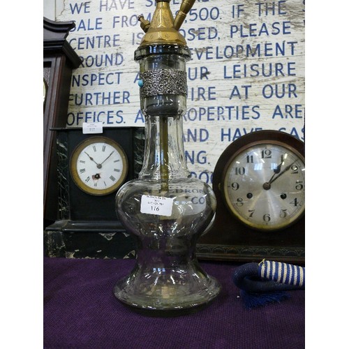 116 - LARGE DECORATIVE BRASS AND GLASS HOOKAH PIPE.