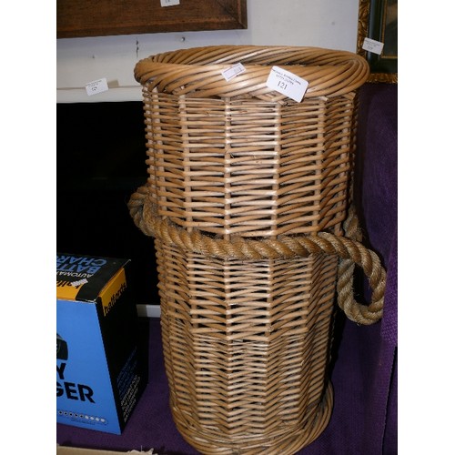 121 - WICKER UMBRELLA/ STICK STAND WITH ROPE HANDLES.