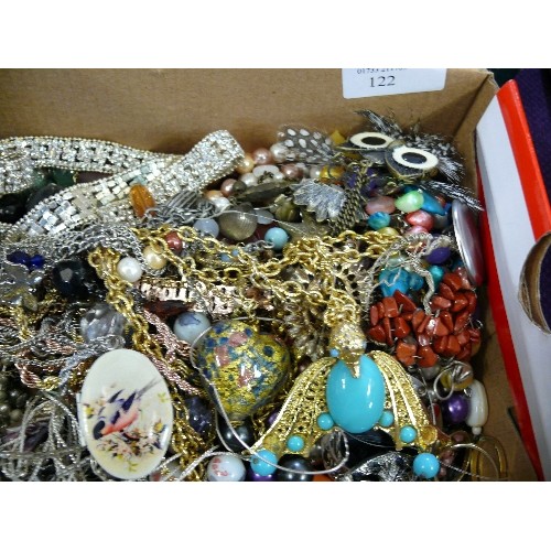 122 - NICE BOX OF VARIOUS COSTUME JEWELLERY, OWL NECKLACE, LOCKETS, BEADS, PENDANTS, EARRINGS ETC.