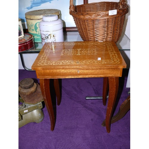 130 - WOODEN INLAID MUSICAL SEWING TABLE.