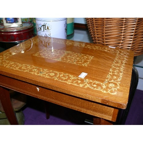 130 - WOODEN INLAID MUSICAL SEWING TABLE.