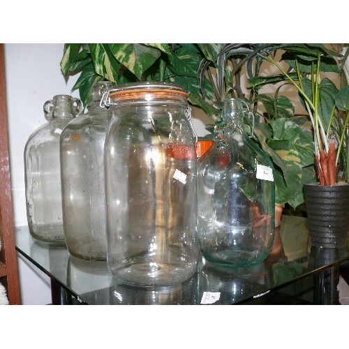 143 - TWO VINTAGE GLASS JARS PLUS THREE VINTAGE GLASS BOTTLES.