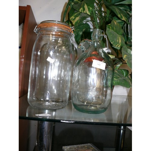 143 - TWO VINTAGE GLASS JARS PLUS THREE VINTAGE GLASS BOTTLES.