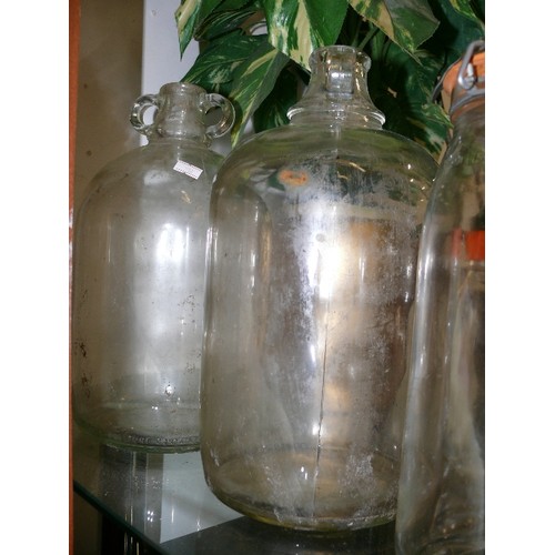 143 - TWO VINTAGE GLASS JARS PLUS THREE VINTAGE GLASS BOTTLES.