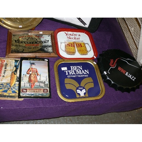 152 - A BRYANT AND MAYS ADVERTISING MIRROR, GUINNESS AND BEEFEATER METAL SIGNS PLUS FOUR ADVERTISING TRAYS... 