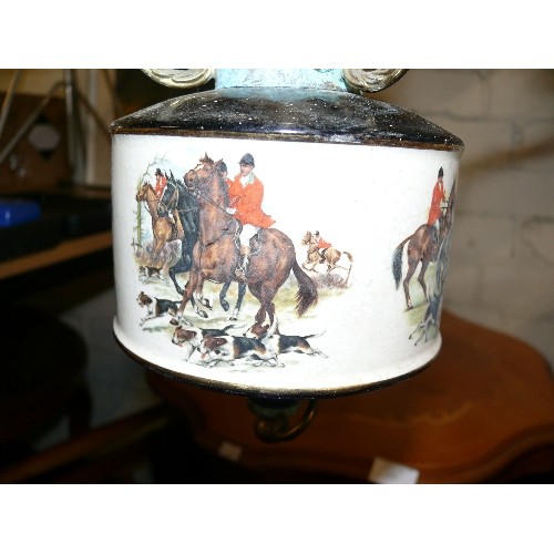 159 - CERAMIC AND BRASS CEILING LIGHT WITH HUNTING SCENE PLUS TWO FURTHER DECORATIVE BRASS CEILING LIGHTS.