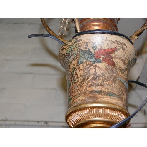 159 - CERAMIC AND BRASS CEILING LIGHT WITH HUNTING SCENE PLUS TWO FURTHER DECORATIVE BRASS CEILING LIGHTS.