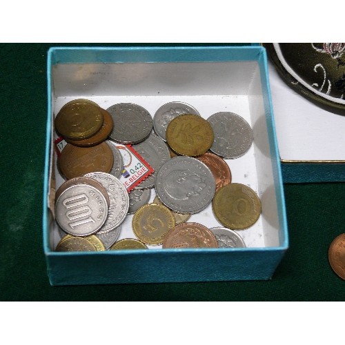 63 - TWO SMALL BOXES OF MIXED FOREIGN COINS PLUS A BELGIUM STAMP.