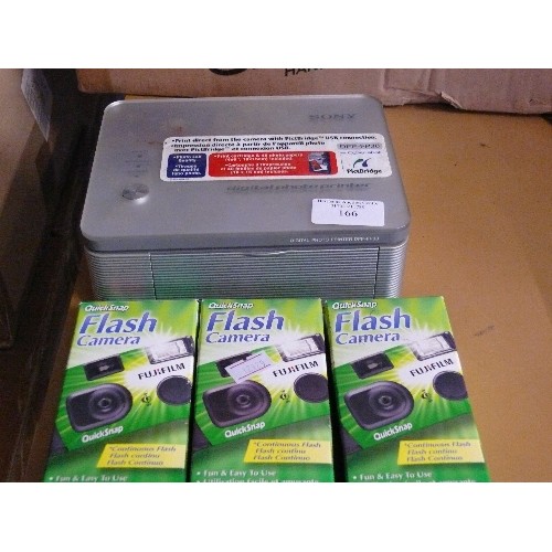 166 - SONY DIGITAL PHOTO PRINTER AND THREE BOXED QUICK SNAP FLASH CAMERAS.