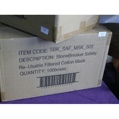 169 - SEALED BOX OF 100 BOXES OF RE-USEABLE FILTERED COTTON SAFETY MASKS.